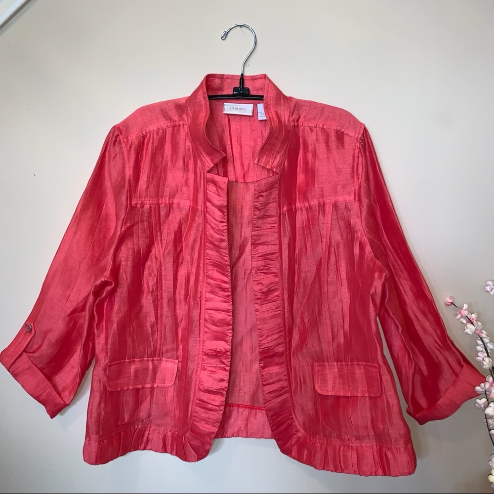 Chico’s Coral Pink Linen Ruffle Open Jacket